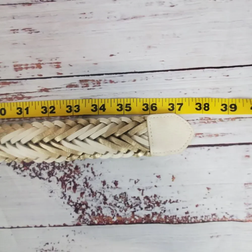 Leather Belt White Gold Silver Tone Buckle Classic Braided Adjustable 1.5 X 37.5